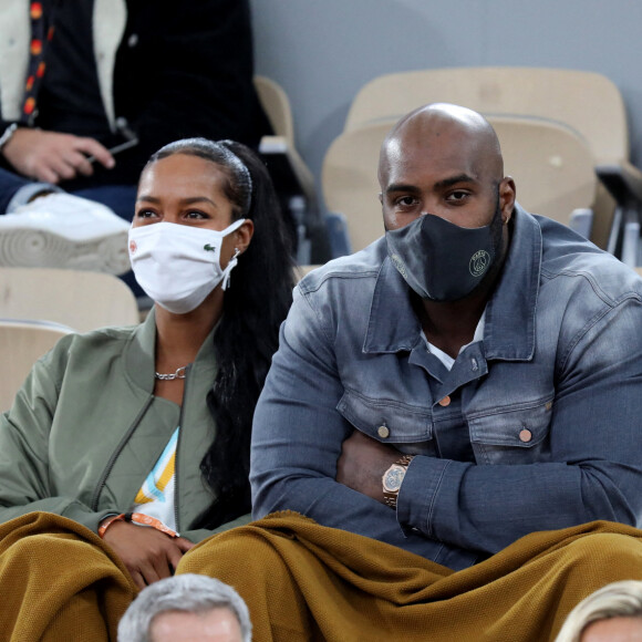 Teddy Riner et Luthna Plocus en tribune lors de la finale homme des internationaux de tennis de Roland Garros à Paris le 11 octobre 2020. © Dominique Jacovides / Bestimage