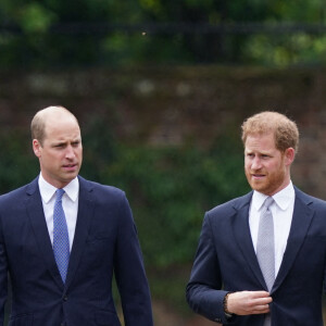 Le prince William, duc de Cambridge, et son frère Le prince Harry, duc de Sussex, se retrouvent à l'inauguration de la statue de leur mère, la princesse Diana dans les jardins de Kensington Palace à Londres, le 1er juillet 2021.