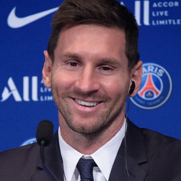 Conférence de presse de Lionel Messi à l'auditorium du Parc des Princes à Paris. © Federico Pestellini / Panoramic / Bestimage 