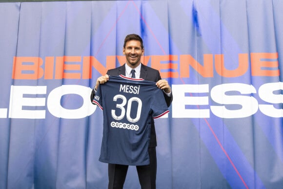 Conférence de presse de Lionel Messi à l'auditorium du Parc des Princes à Paris le 11 août 2021. © Pierre Perusseau / Bestimage 