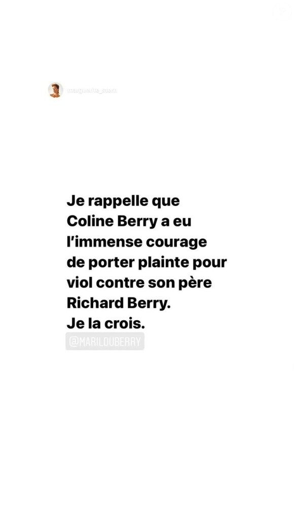 Marilou Berry continue de soutenir sa cousine Coline Berry-Rojtman en relayant le message d'une activiste sur Instagram, le 31 août 2021.