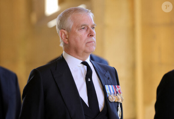 Le prince Andrew, duc d'York, - Arrivées aux funérailles du prince Philip, duc d'Edimbourg à la chapelle Saint-Georges du château de Windsor, le 17 avril 2021.