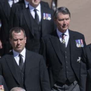 Le prince Charles, prince de Galles, la princesse Anne, le prince Andrew, duc d'York, le prince Edward, comte de Wessex, le prince William, duc de Cambridge, Peter Phillips, le prince Harry, duc de Sussex, David Armstrong-Jones, comte de Snowdon, Sir Timothy Laurence - Arrivées aux funérailles du prince Philip, duc d'Edimbourg à la chapelle Saint-Georges du château de Windsor, le 17 avril 2021.