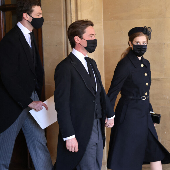 La princesse Beatrice d'York et son mari Edoardo Mapelli Mozzi - Arrivées aux funérailles du prince Philip, duc d'Edimbourg à la chapelle Saint-Georges du château de Windsor, le 17 avril 2021.