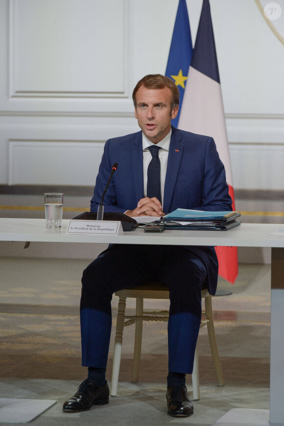 Intervention du Président de la République Emmanuel Macron à l'occasion du 4e Sommet annuel des Fonds souverains One Planet. Le 4 octobre 2021 © Isa Harsin / Pool / Bestimage