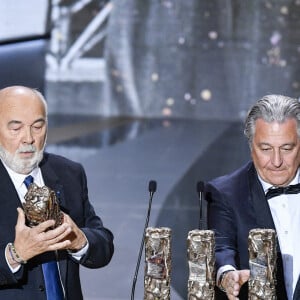 Un César spécial pour la troupe du Splendid, Marie-Anne Chazel, Gérard Jugnot, Christian Clavier, Bruno Moynot sur scène lors de la 46ème cérémonie des César à l'Olympia à Paris le 12 mars 202. © Pierre Villard/ Pool / Bestimage