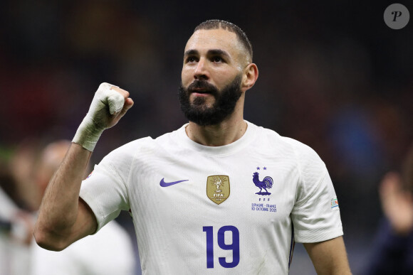 Karim Benzema- Football: La France remporte la coupe de la Ligue des Nations en battant l'Espagne 2 buts à 1 à Milan le 10 octobre 2021.