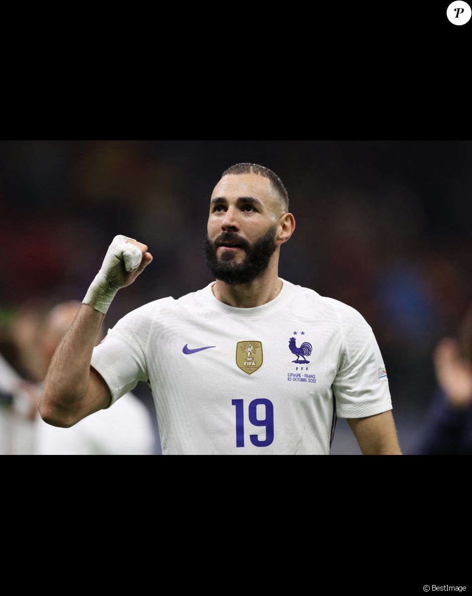 Karim Benzema- Football: La France remporte la coupe de la Ligue des Nations en battant l'Espagne 2 buts à 1 à Milan le 10 octobre 2021.