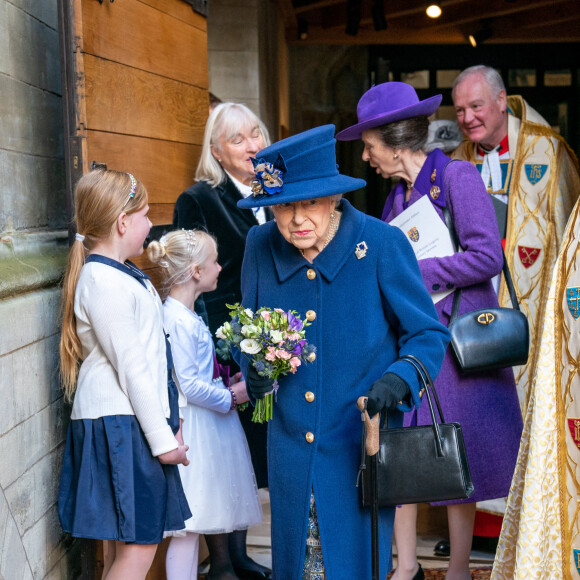 La reine Elizabeth II d'Angleterre et la princesse Anne arrivent à un service d'action de grâce à l'abbaye de Westminster pour marquer le centenaire de la Royal British Legion, à Londres, Royaume Uni, le 12 octobre 2021. 