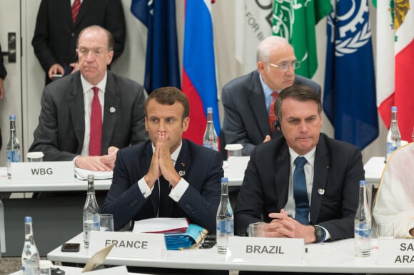 Emmanuel Macron (président de la République Française), Jair Bolsonaro (président de la République fédérative du Brésil) - Evènement parallèle organisé par le Premier Ministre japonais sur le thème "économie numérique" au centre de congrès Intex Osaka lors du G20 à Osaka, Japon, le 28 juin 2019.