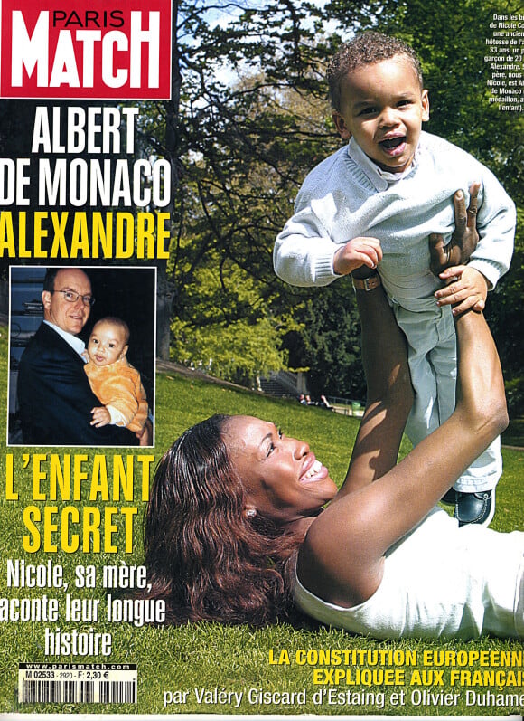 Couverture du magazine "Paris Match" avec Nicole Coste, qui présente son fils Alexandre, né de ses amours avec le prince Albert de Monaco, en 2005. 