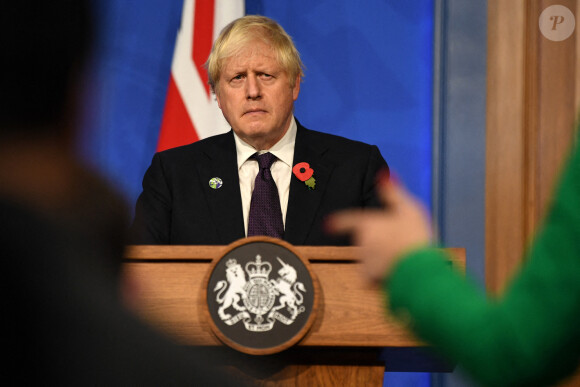 Boris Johnson, premier ministre du Royaume Uni - Conférence de presse au 10 Downing Street à propos de la conférence Cop26 à Londres le 14 novembre 2021.