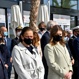 Exclusif - La princesse Stéphanie de Monaco, Camille Gottlieb (marraine de Monaco One) et Jean Raymond Gottlieb lors du baptême de la navette Monaco One qui reliera les ports de Monaco et Vintimille, à Monaco, le 8 mars 2021. © Bruno Bebert/ PRM / Bestimage