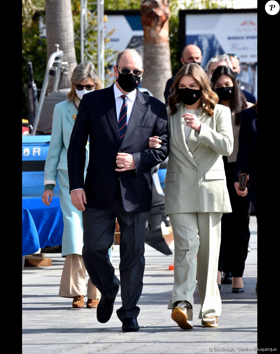 Exclusif - La princesse Caroline de Hanovre, Marie Chevallier, le prince Albert II de Monaco et Camille Gottlieb (marraine de Monaco One) lors du baptême de la navette Monaco One qui reliera les ports de Monaco et Vintimille, à Monaco, le 8 mars 2021. © Bruno Bebert/ PRM / Bestimage