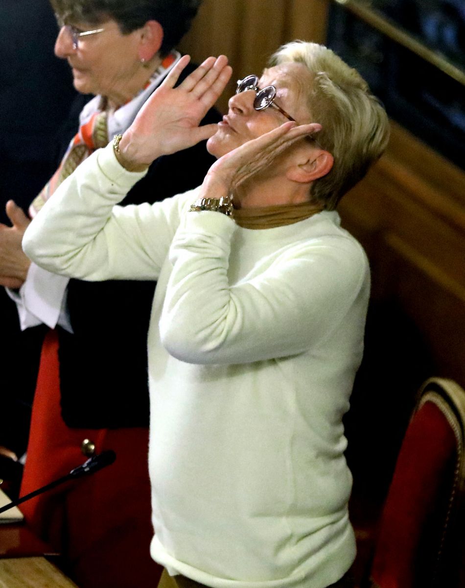 Isabelle Balkany, maire par intérim pendant la détention de son mari, préside le dernier conseil municipal de la commune de Levallois Perret avant les élections de mars 2020, à la mairie de Levallois-Perret, France, le 13 février 2020. © Dominique Jacovides/Bestimage