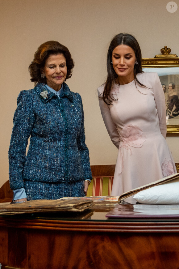 La reine Letizia d'Espagne et la reine Silvia de Suède assistent à un séminaire sur la langue, la littérature et la traduction à la Bibliothèque Bernadotte du Palais royal de Stockholm, le 25 novembre 2021.