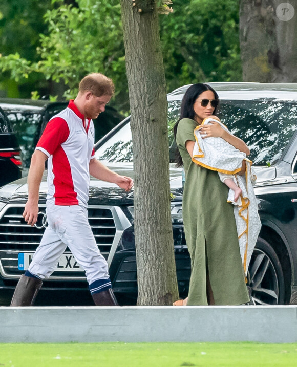 Le prince Harry, duc de Sussex, Meghan Markle, duchesse de Sussex et leur fils Archie Harrison Mountbatten-Windsor lors d'un match de polo de bienfaisance King Power Royal Charity Polo Day à Wokinghan, comté de Berkshire, Royaume Uni, le 10 juillet 2019.