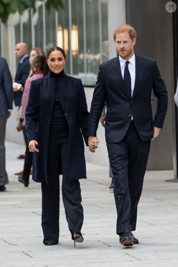 Le prince Harry, duc de Sussex, et Meghan Markle, duchesse de Sussex, à leur arrivée au Mémorial du 11 septembre et au One World Trade Center à New York. Le 23 septembre 2021