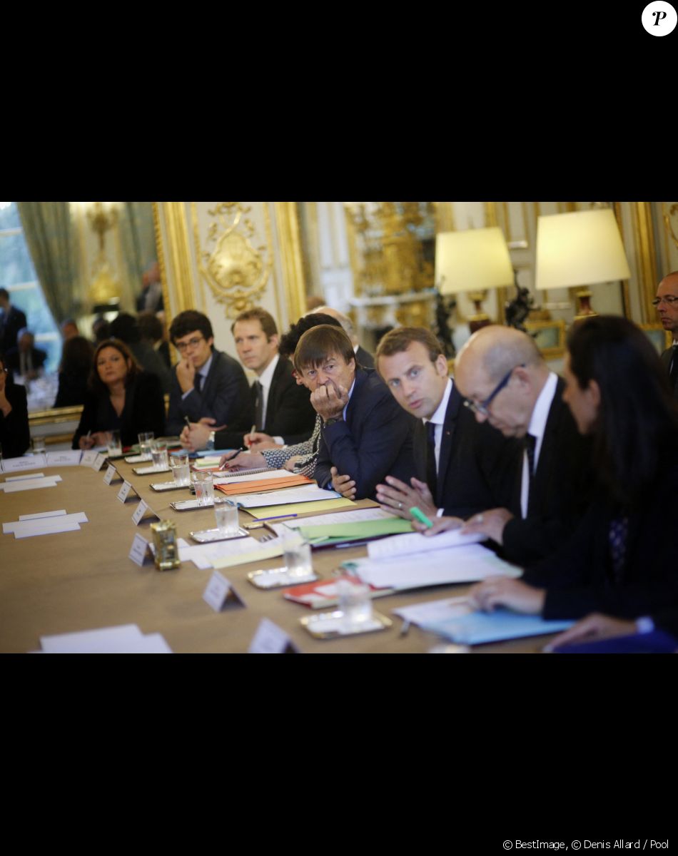 Emmanuel Macron, Président de la République, Nicolas Hulot, ministre de la Transition énergetique lors d'une réunion avec des ONG sur les thèmes du climat et de l?environnement, au Palais de l'Elysée à Paris le 5 septembre 2017