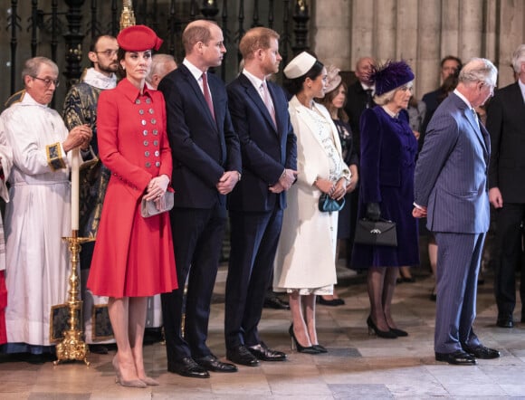 Le prince William, duc de Cambridge, Catherine (Kate) Middleton, duchesse de Cambridge, le prince Harry, duc de Sussex, et Meghan Markle, duchesse de Sussex, enceinte, le prince Charles, prince de Galles, et Camilla Parker Bowles, duchesse de Cornouailles, - La famille royale britannique à la messe en l'honneur de la journée du Commonwealth à l'abbaye de Westminster à Londres, Royaume Uni, le 11 mars 2019.