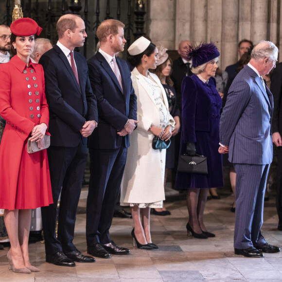 Le prince William, duc de Cambridge, Catherine (Kate) Middleton, duchesse de Cambridge, le prince Harry, duc de Sussex, et Meghan Markle, duchesse de Sussex, enceinte, le prince Charles, prince de Galles, et Camilla Parker Bowles, duchesse de Cornouailles, - La famille royale britannique à la messe en l'honneur de la journée du Commonwealth à l'abbaye de Westminster à Londres, Royaume Uni, le 11 mars 2019.