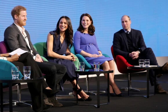 Le prince Harry, Meghan Markle, Catherine Kate Middleton (enceinte), duchesse de Cambridge, le prince William, duc de Cambridge lors du premier forum annuel de la Fondation Royale à Londres le 28 février 2018.