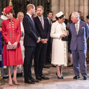 Catherine Kate Middleton, duchesse de Cambridge, le prince William, duc de Cambridge, le prince Harry, duc de Sussex, Meghan Markle, enceinte, duchesse de Sussex, le prince Charles, prince de Galles lors de la messe en l'honneur de la journée du Commonwealth à l'abbaye de Westminster à Londres le 11 mars 2019.