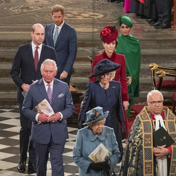 La reine Elisabeth II d'Angeleterre, le prince Charles et Camilla Parker-Bowles duchesse de Cornouailles, le prince William, duc de Cambridge, et Kate Catherine Middleton, duchesse de Cambridge, le prince Harry, duc de Sussex, Meghan Markle, duchesse de Sussex - La famille royale d'Angleterre lors de la cérémonie du Commonwealth en l'abbaye de Westminster à Londres. Le 9 mars 2020