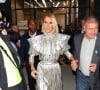 Celine Dion arbore une combinaison argentée de la marque Rodarte et des talons Gucci à la sortie de l'émission Watch What Happens Live à New York, le 14 novembre 2019 