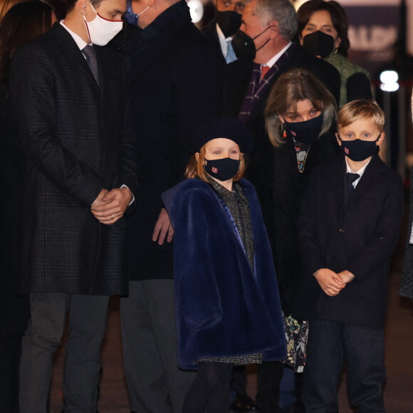 Louis Ducruet, la princesse Gabriella, La princesse Caroline de Hanovre, Le prince héréditaire Jacques lors de la célébration de la sainte Dévote, Sainte Patronne de Monaco, sur le quai Albert 1er le 26 janvier 2022 © Jean-Charles Vinaj / Pool Monaco / Bestimage