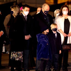 La princesse Caroline de Hanovre, la princesse Gabriella, le prince Albert II de Monaco, Le prince héréditaire Jacques, Mélanie-Antoinette de Massy lors de la célébration de la sainte Dévote, Sainte Patronne de Monaco, sur le quai Albert 1er le 26 janvier 2022 © Claudia Albuquerque / Bestimage