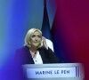 La candidate du RN (Rassemblement National) Marine Le Pen lors de sa convention présidentielle à Reims, destinée à lancer officiellement sa campagne présidentielle . Reims le 5 février 2022