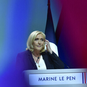 La candidate du RN (Rassemblement National) Marine Le Pen lors de sa convention présidentielle à Reims, destinée à lancer officiellement sa campagne présidentielle . Reims le 5 février 2022