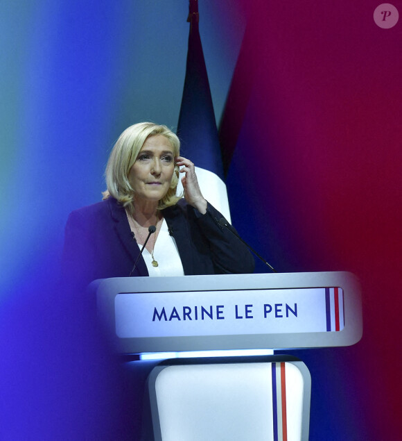 La candidate du RN (Rassemblement National) Marine Le Pen lors de sa convention présidentielle à Reims, destinée à lancer officiellement sa campagne présidentielle . Reims le 5 février 2022
