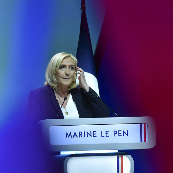 La candidate du RN (Rassemblement National) Marine Le Pen lors de sa convention présidentielle à Reims, destinée à lancer officiellement sa campagne présidentielle . Reims le 5 février 2022