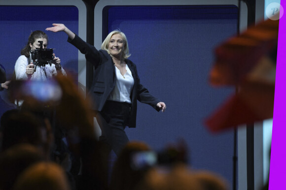 La candidate du RN (Rassemblement National) Marine Le Pen lors de sa convention présidentielle à Reims, destinée à lancer officiellement sa campagne présidentielle . Reims le 5 février 2022.