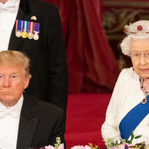 Donald Trump reçu par la reine Elisabeth II d'Angleterre lors d'un dîner d'Etat à Buckingham Palace, à Londres. Ce banquet fut organisé dans le cadre d'une visite de trois jours dans la capitale britannique du président américain. Le 3 juin 2019.