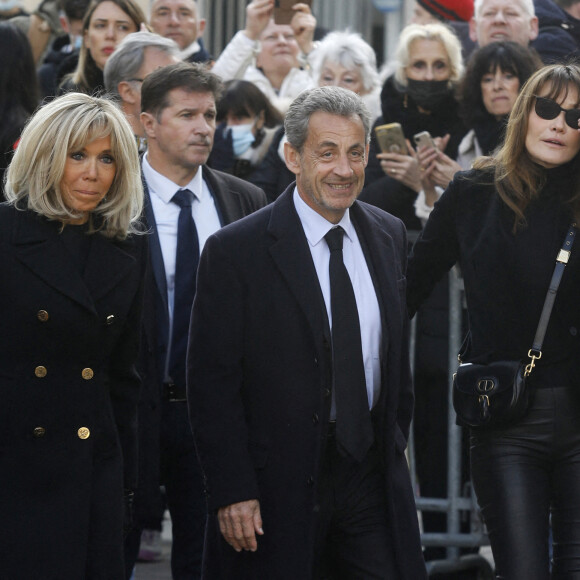 Brigitte Macron, Nicolas Sarkozy et sa femme Carla Bruni-Sarkozy - Obsèques de Jean-Pierre Pernaut en la Basilique Sainte-Clotilde à Paris le 9 mars 2022. © Denis Guignebourg/ Bestimage