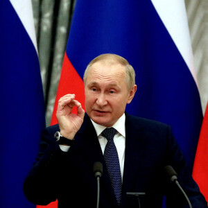 Conférence de presse du président Emmanuel Macron et du président Vladimir Poutine à l'issue de leur entretien de 5 heures au Kremlin à Moscou le 7 février 2022. © Dominique Jacovides / Bestimage 