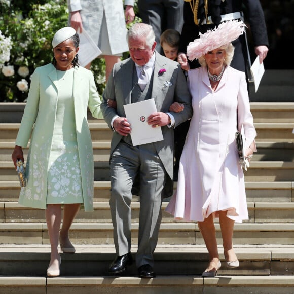 Doria Ragland, Le prince Charles, prince de Galles, et Camilla Parker Bowles, duchesse de Cornouailles - Les invités à la sortie de la chapelle St. George au château de Windsor, Royaume Uni, le 19 mai 2018.