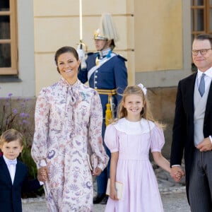 La princesse Victoria de suède, le prince Daniel, le prince Oscar et la princesse Estelle - La famille royale suédoise au baptême du prince Julian, duc de Halland au château de Drottningholm sur l'île de Lovön à Ekero en Suède le 14 août 2021