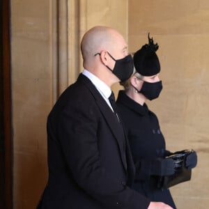 Zara Phillips (Tindall) et Mike Tindall - Arrivées aux funérailles du prince Philip, duc d'Edimbourg à la chapelle Saint-Georges du château de Windsor, le 17 avril 2021.