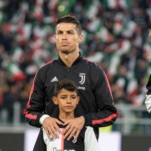 Cristiano Ronaldo et son fils Cristiano Ronaldo Jr. - C. Ronaldo fête en famille le titre de champion d'Italie avec son équipe la Juventus de Turin à Turin.