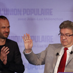 Jean-Luc Mélenchon, Manuel Bompard et Mathilde Panot au soir du premier tour des élections présidentielles 2022 , à Paris le 10 avril 2022