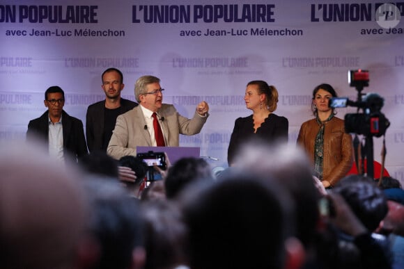 Jean-Luc Mélenchon, Manuel Bompard et Mathilde Panot au soir du premier tour des élections présidentielles 2022 , à Paris le 10 avril 2022