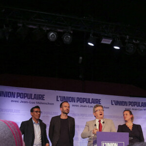 Jean-Luc Mélenchon, Manuel Bompard et Mathilde Panot au soir du premier tour des élections présidentielles 2022 , à Paris le 10 avril 2022