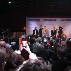 Jean-Luc Mélenchon, Manuel Bompard et Mathilde Panot au soir du premier tour des élections présidentielles 2022 , à Paris le 10 avril 2022