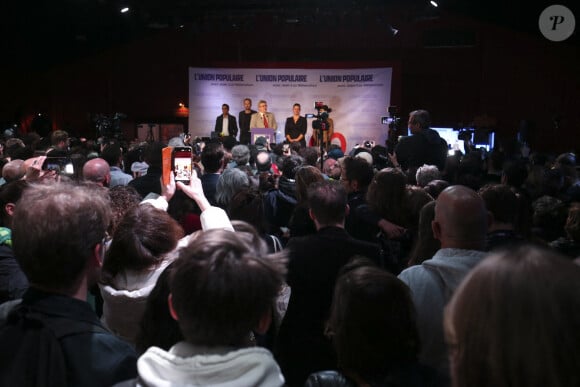 Jean-Luc Mélenchon, Manuel Bompard et Mathilde Panot au soir du premier tour des élections présidentielles 2022 , à Paris le 10 avril 2022