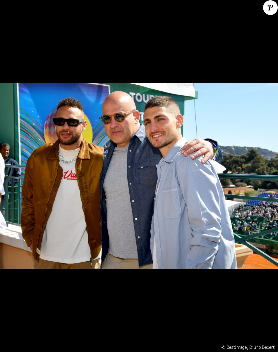 Neymar, Matteo Sinigaglia, CEO de Replay, Marco Verratti - Tennis : Les célébrités assistent à la 115ème édition du Rolex Monte-Carlo Masters à Monaco le 11 avril 2022 © Bruno Bebert / Bestimage