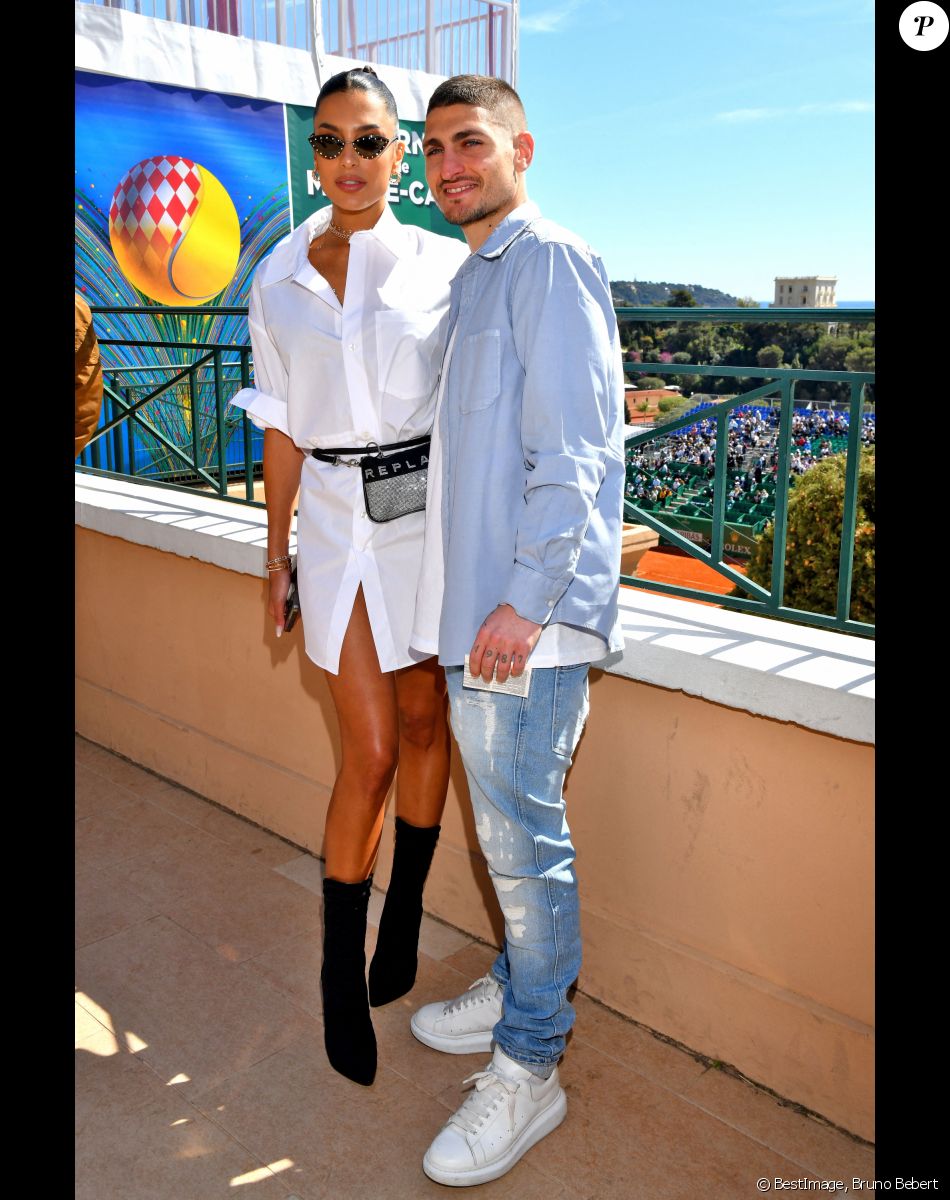 Jessica Aidi et son mari Marco Verratti - Tennis : Les célébrités assistent à la 115ème édition du Rolex Monte-Carlo Masters à Monaco le 11 avril 2022 © Bruno Bebert / Bestimage